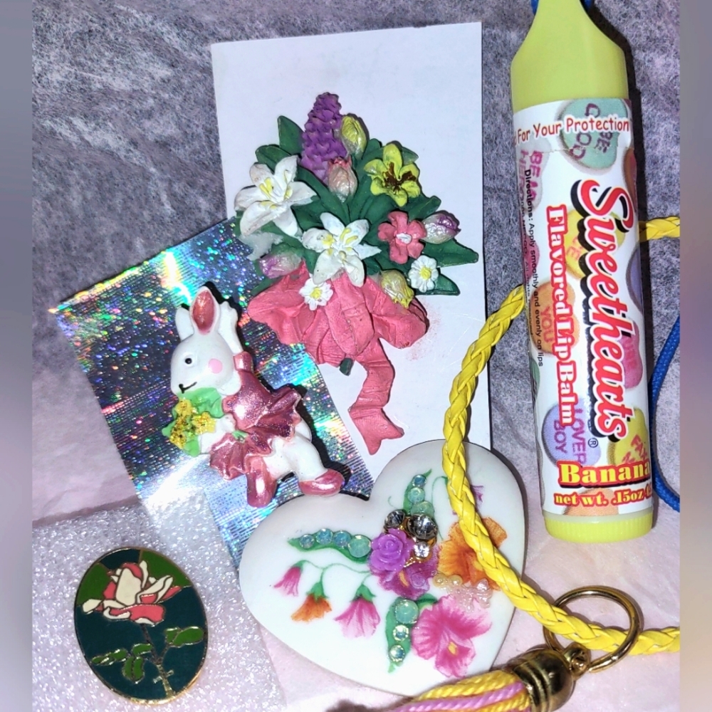 Lot 6-pcs Lip Balm, Ballerina Bunny Tac Pin, Flower Bouquet Gifts